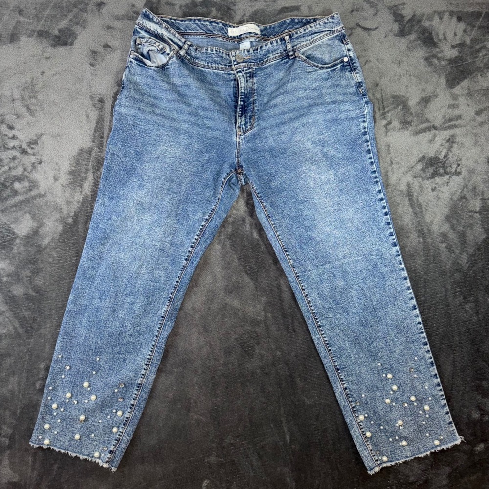 Womens 14 EST. 1946 Denim Jeans Blue Excellent Pearl Embellished Raw Hem Cropped
